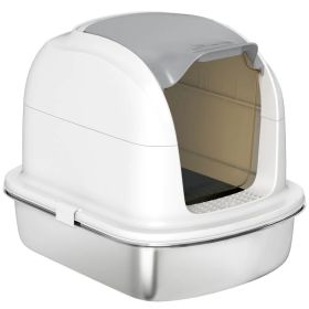 XL Stainless Steel Cat Litter Box with Lid for Big Cats, Enclosed Cat Litter Box with Flip Cover, Scoop (Option: WHITE)