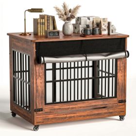 42in  Large Dog Crate Furniture, Double Door Wooden Indoor Dog Kennel Furniture, Decorative Pet Cage End Table With Wheels For Large Breed Dogs, (Option: BROWN)
