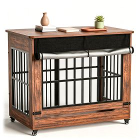 46in Large Dog Crate Furniture, Double Door Wooden Indoor Dog Kennel Furniture, Decorative Pet Cage End Table With Wheels For Extra Large Breed D (Option: BROWN)