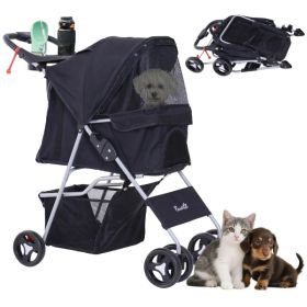 Dog Stroller, One-click Folding Pet Stroller with Cup Holder, 4 Wheels Travel Carrier w/ Brakes, 360° Swiveling Front Wheels, Storage Basket, for (Option: Black)